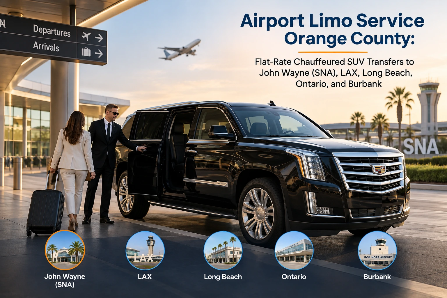 Airport limo service Orange County — black luxury SUV waiting curbside at the airport